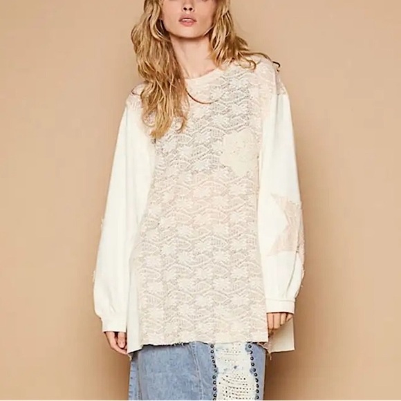 🌸NEW POL Cream Lace Long Sleeve Tunic Top - Picture 1 of 8